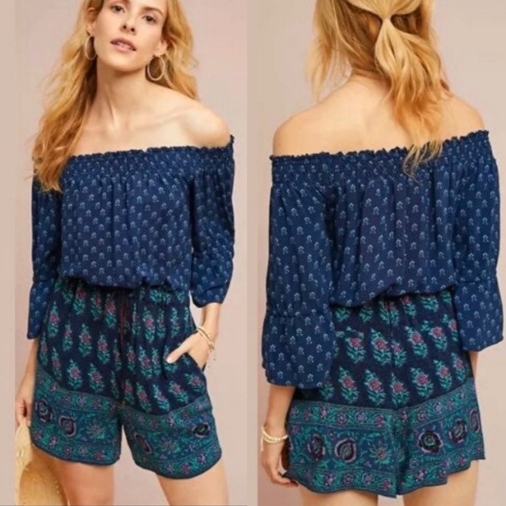Anthropologie Off Shoulder Border Print Romper Size XS